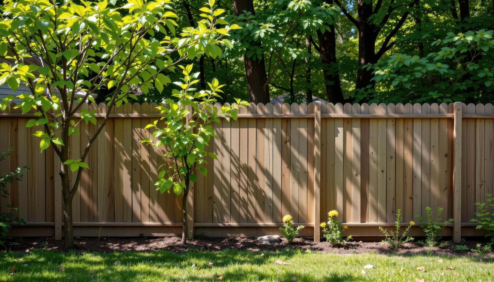 backyard wooden fence with planted trees, sunlight filtering through leaves, shadows falling softly creating serene tranquil scene fully. photo