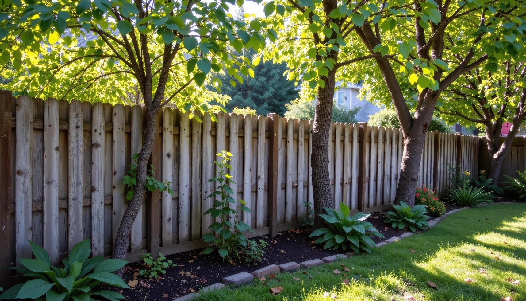 rustic fence along garden with planted trees, sunlight filtering through leaves, shadows creating serene calm backyard scene fully. photo