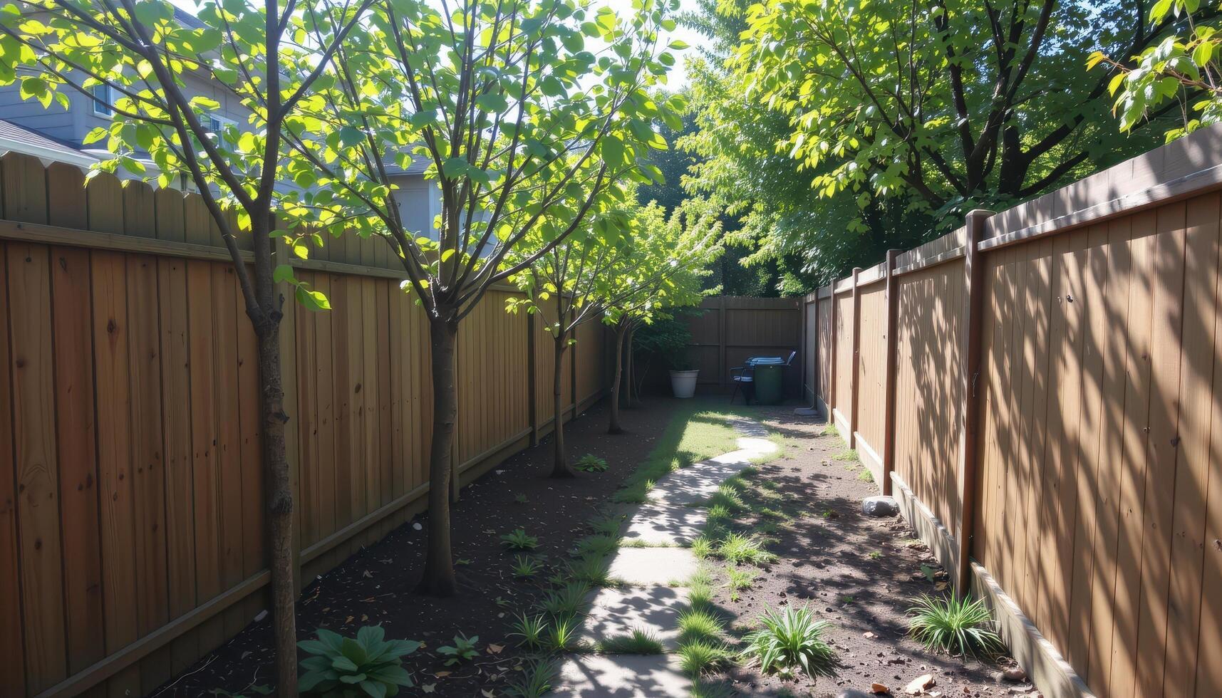 backyard wooden fence with planted trees along path, sunlight filtering through leaves, shadows creating calm tranquil scene fully. photo