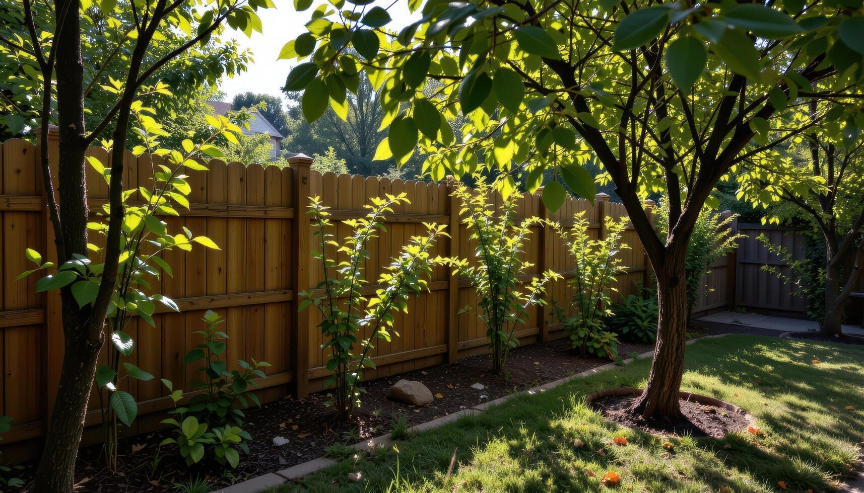 garden fence lined with small trees, sunlight filtering through branches, shadows creating tranquil calm outdoor space fully visible. photo