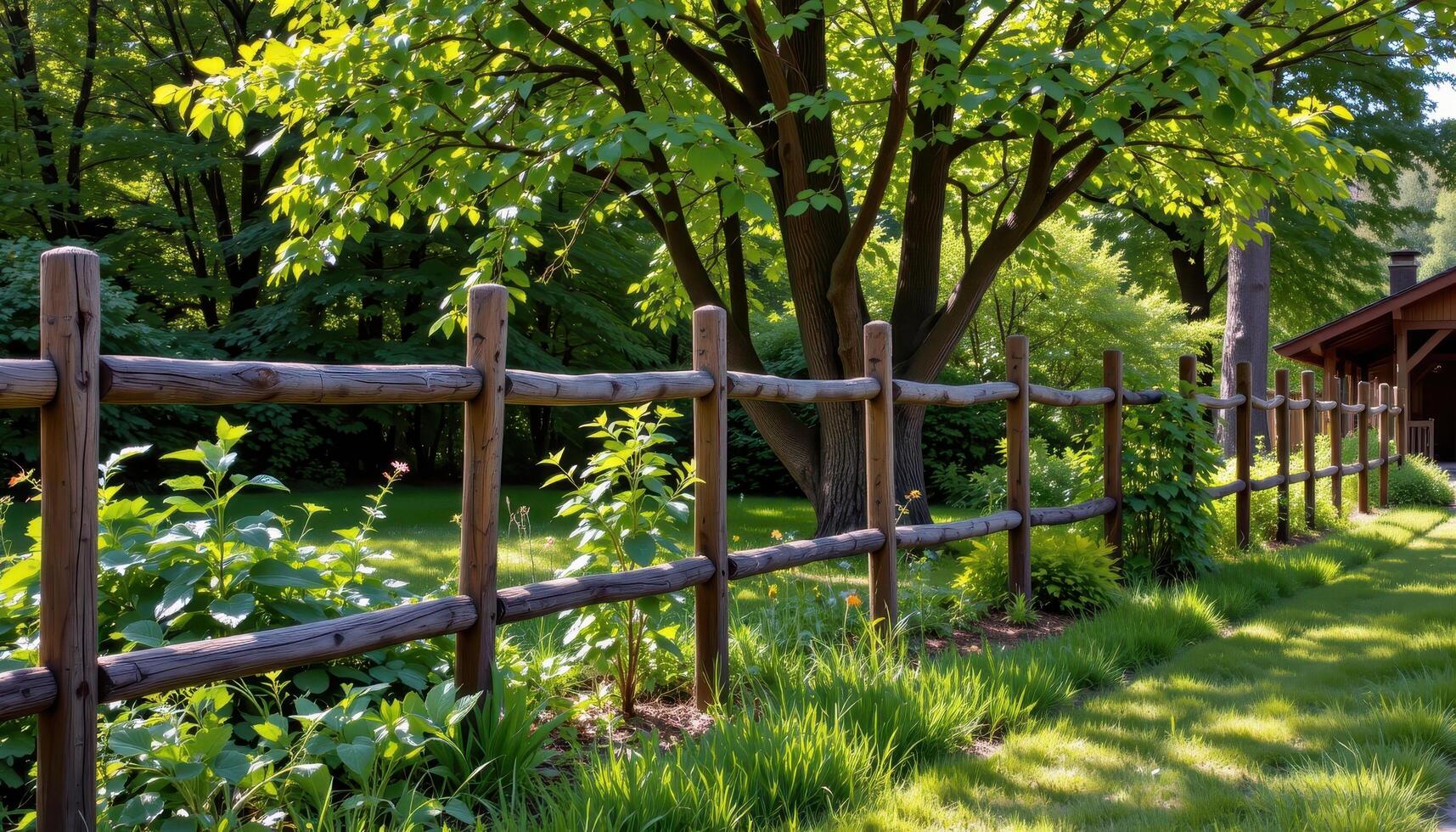 garden fence with rustic wooden posts and trees, sunlight filtering through leaves, shadows creating calm peaceful atmosphere fully. photo