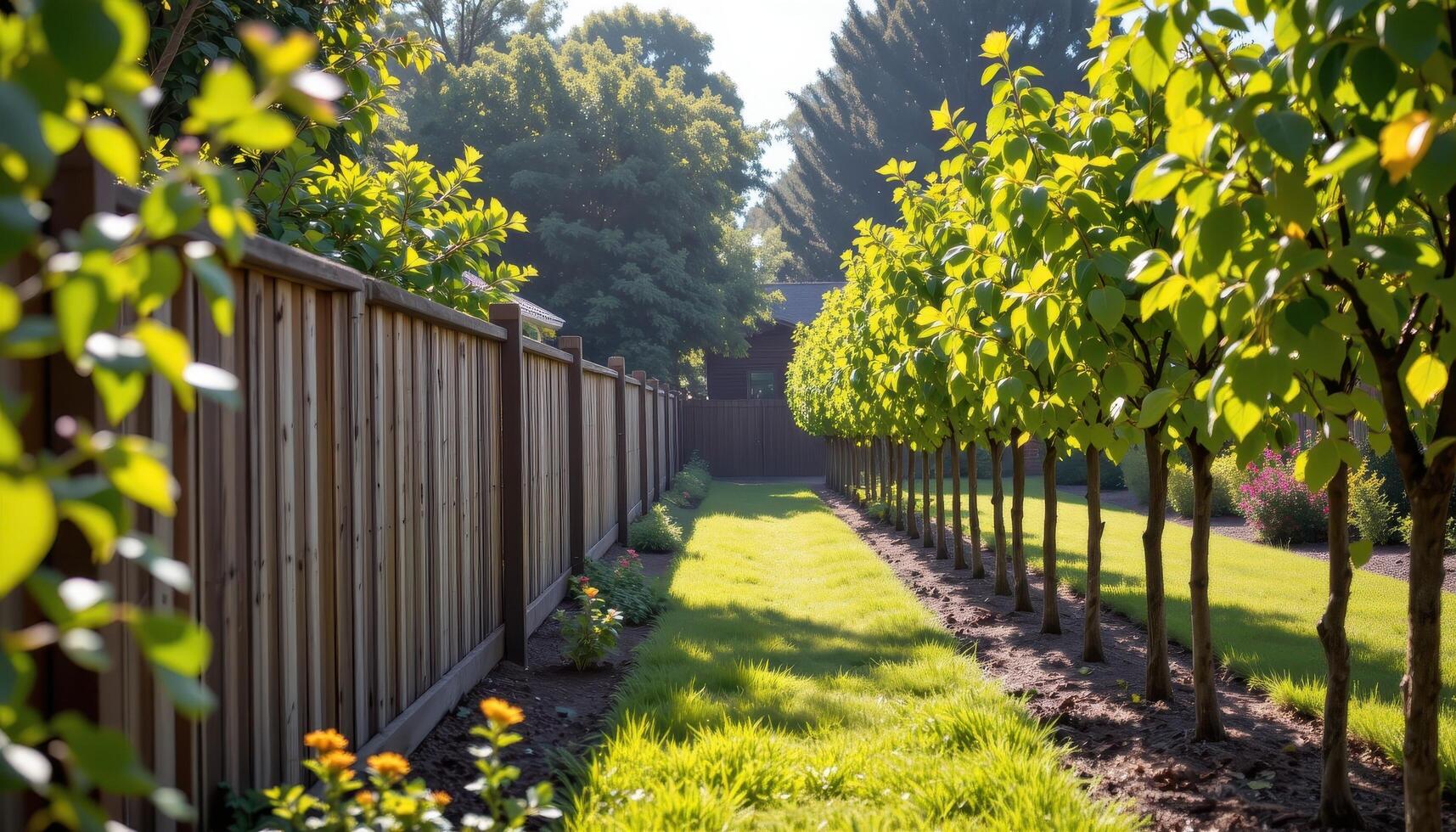garden with rustic wooden fence and rows of young trees, sunlight filtering through leaves, shadows creating calm peaceful mood fully. photo