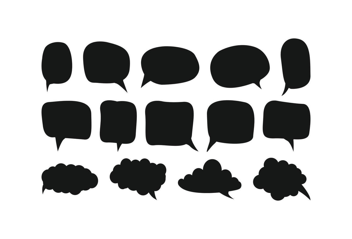A set of fifteen diverse hand-drawn speech and thought bubbles in a bold black silhouette on a white background. Includes various shapes and sizes, ideal for comics, communication, and dialogue themes vector