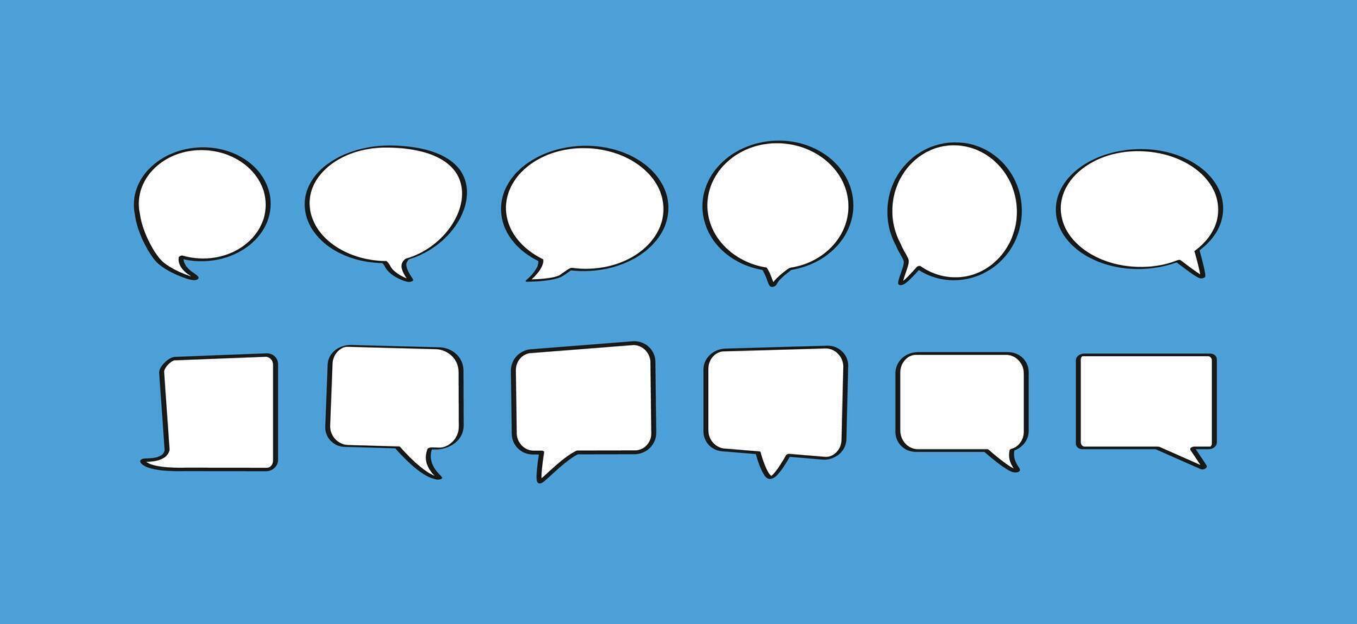 A set of hand-drawn speech bubbles with bold outlines. This collection includes a variety of round and square shapes, perfect for comics, cartoons, and interactive designs vector