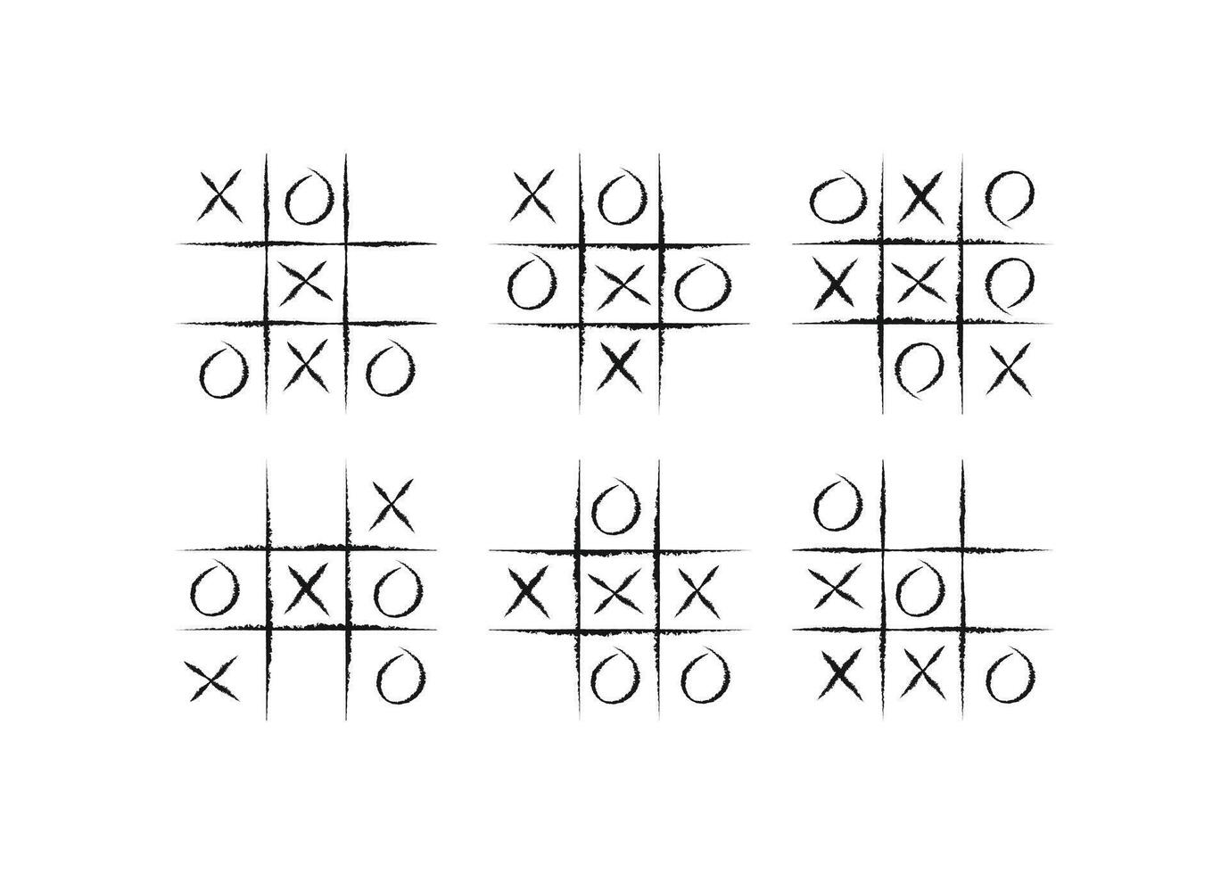 Hand-drawn of six different tic-tac-toe games with various outcomes. The grunge, doodle style features X and O marks and grids created with thick, rough lines, giving it a playful, sketchy, retro feel vector