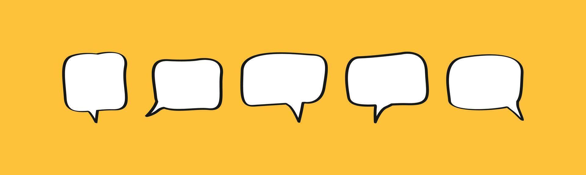 Set of five hand-drawn speech bubbles. Empty comic chat boxes for dialogue and communication themes vector