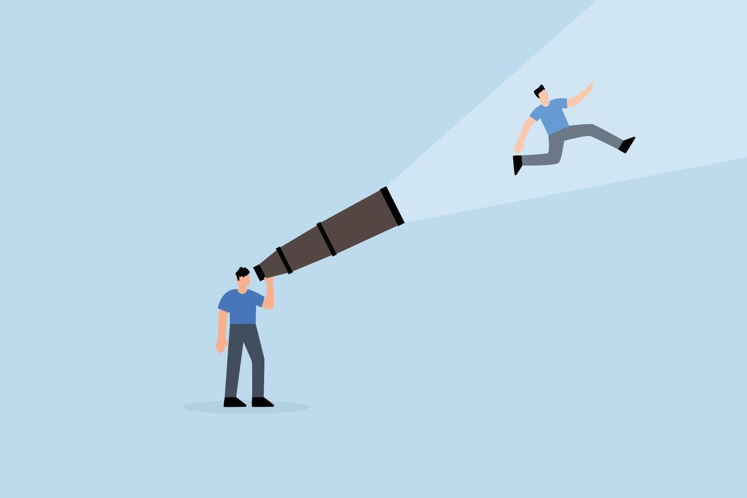 Create strong vision to lead to business success, entrepreneur gazes through binoculars to visualize himself progressing towards his objective vector