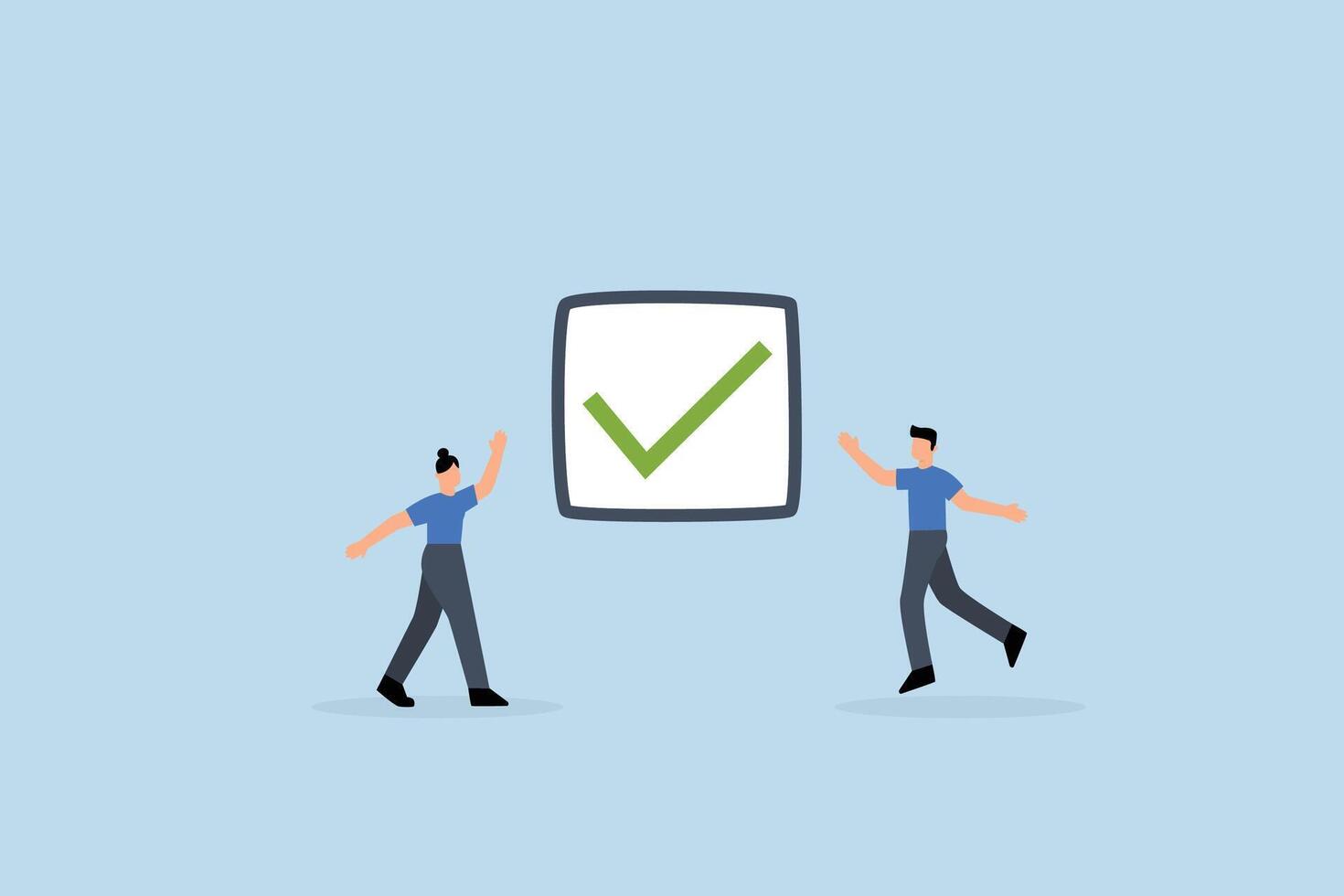 Complete task, Joyful professionals rejoice with a completed checkmark after successfully finishing a challenging project vector