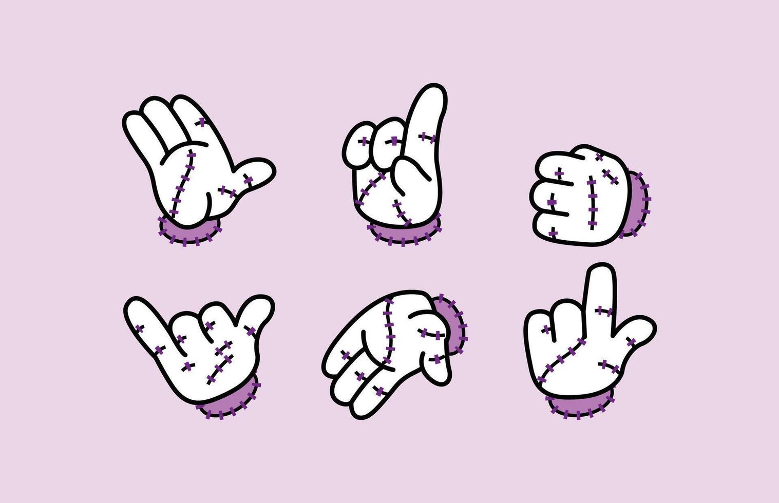 A collection of six stylized cartoon hands, each with distinct poses and gestures, rendered in a simple line art style. Disembodied Hand Halloween Retro Mascot. vector