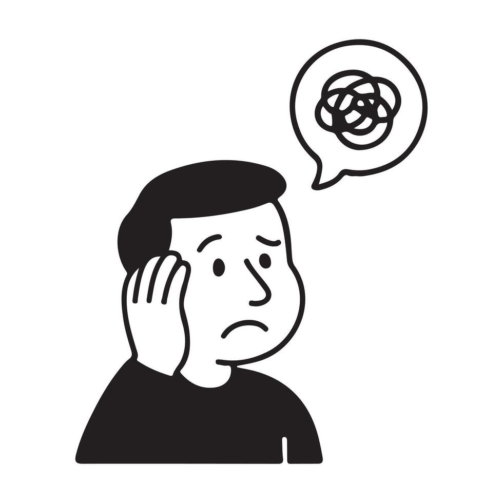 Man with Worried Expression and Tangled Thoughts. vector