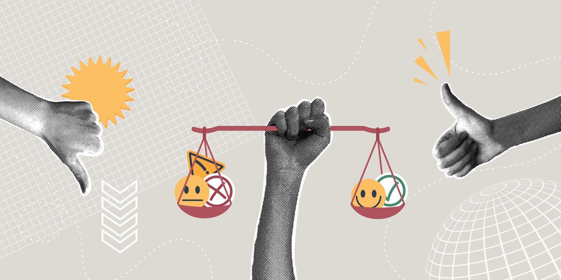 Trendy collage in halftones. Comparison of pros and cons. Concept of evaluating advantages, decision-making, evaluation concept, elements of pros and cons of equilibrium balance. vector