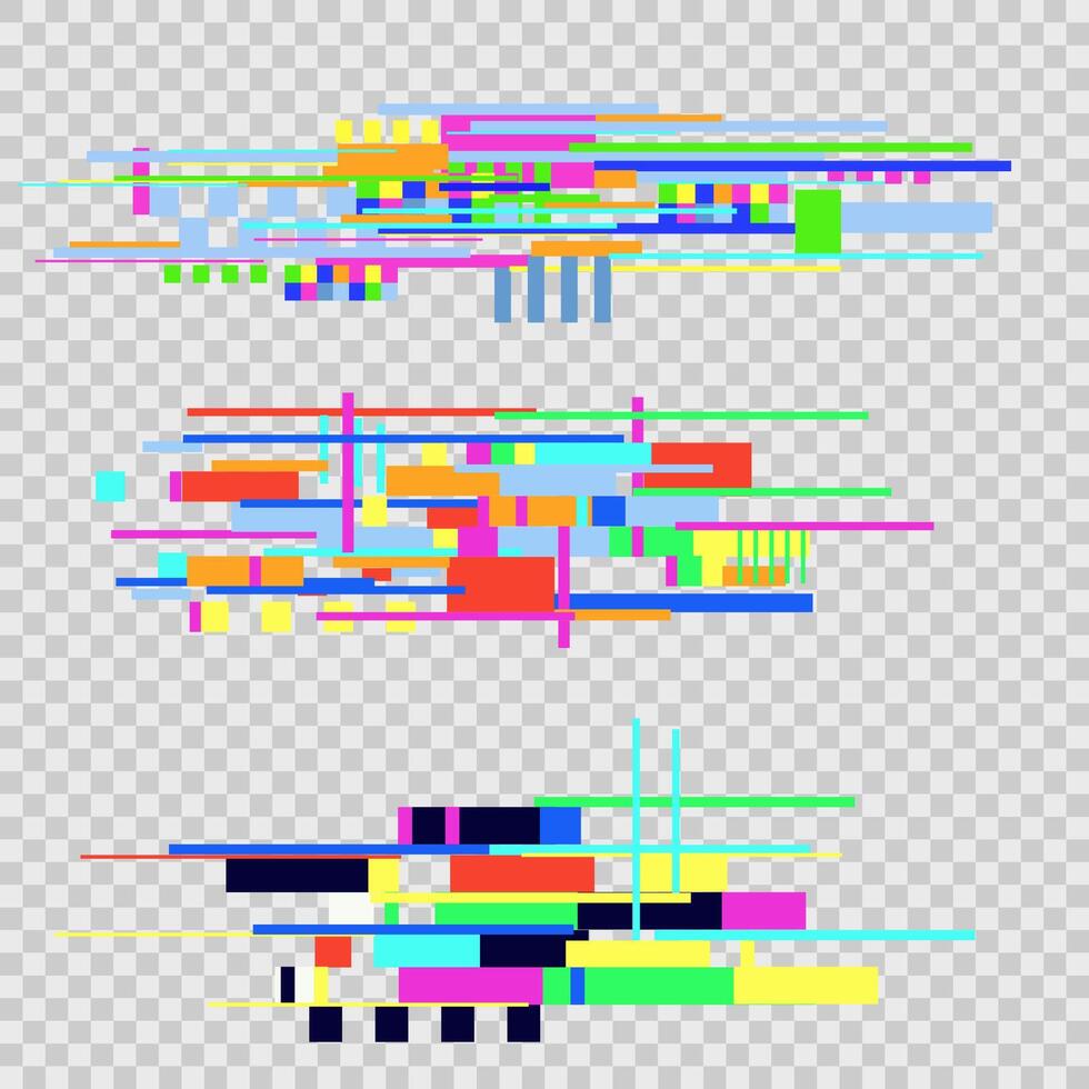 Glitch pixel set screen noice effect. Futuristic grain damage geometric grunge design element. Disintegration techno computer screen error templates. vector