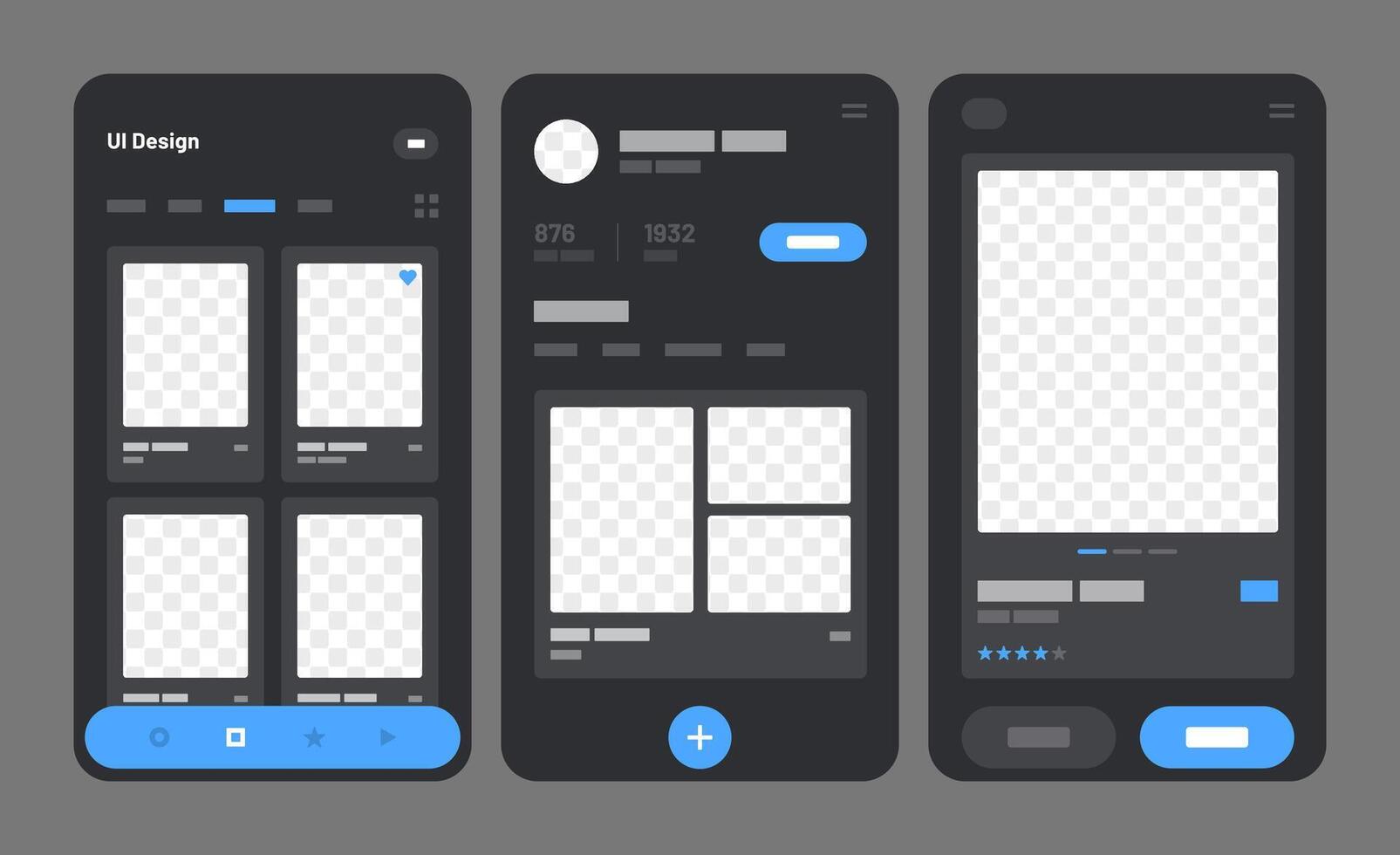 Mobile app concept for social media, online store, hotel reservation. Wireframes screens with Flowchart with UI Kitelements. vector