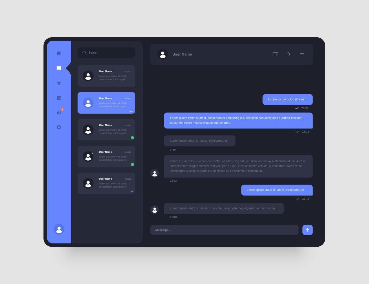 Dashboard Design with chat, social media, online messenger. App interface with UI and UX elements. Use design for web application, desktop app or website. Dark mode. vector