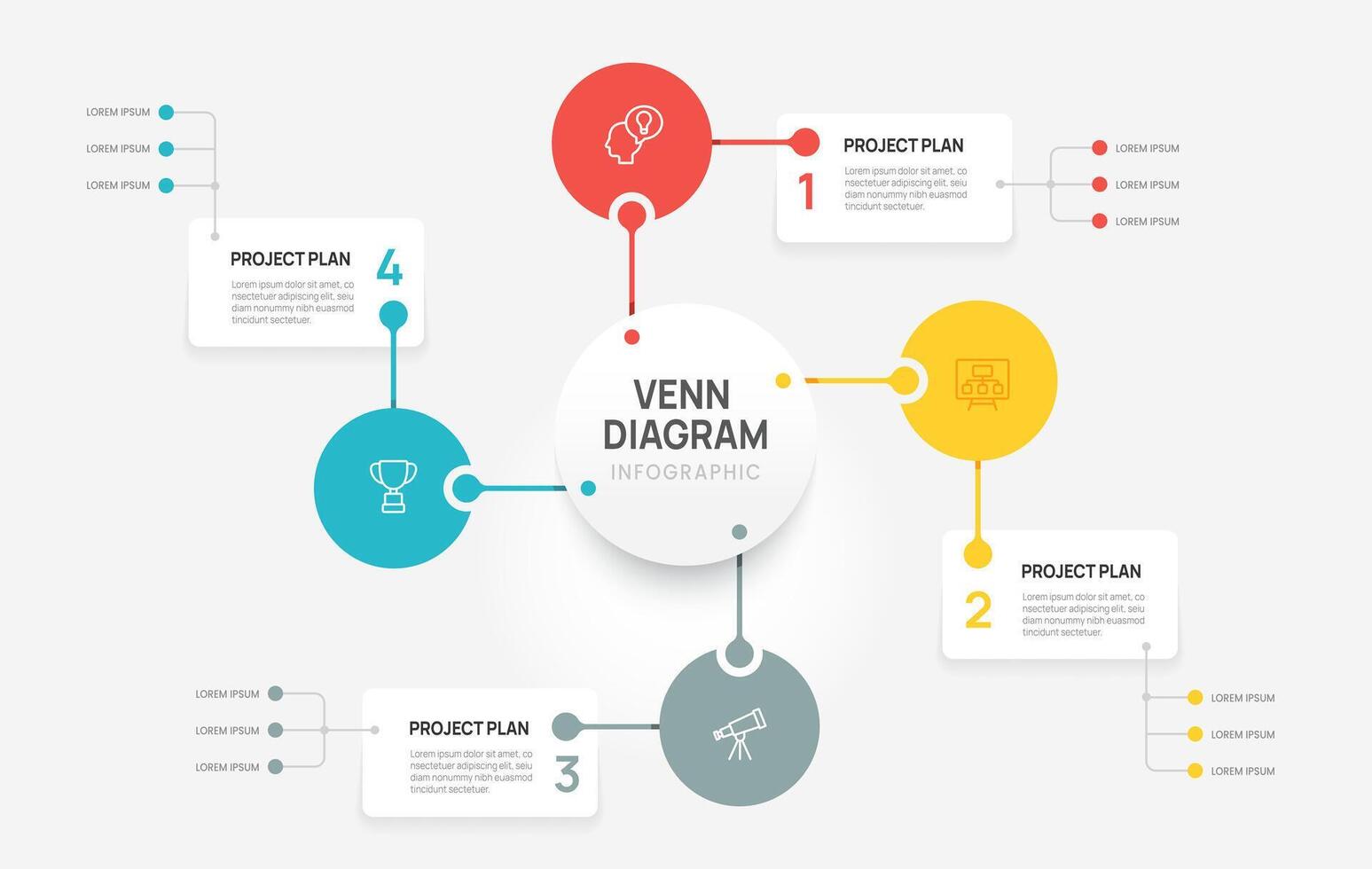 Venn diagram business infographic circle chart template 2,3,4 steps options, presentation with venn diagram element illustration. vector