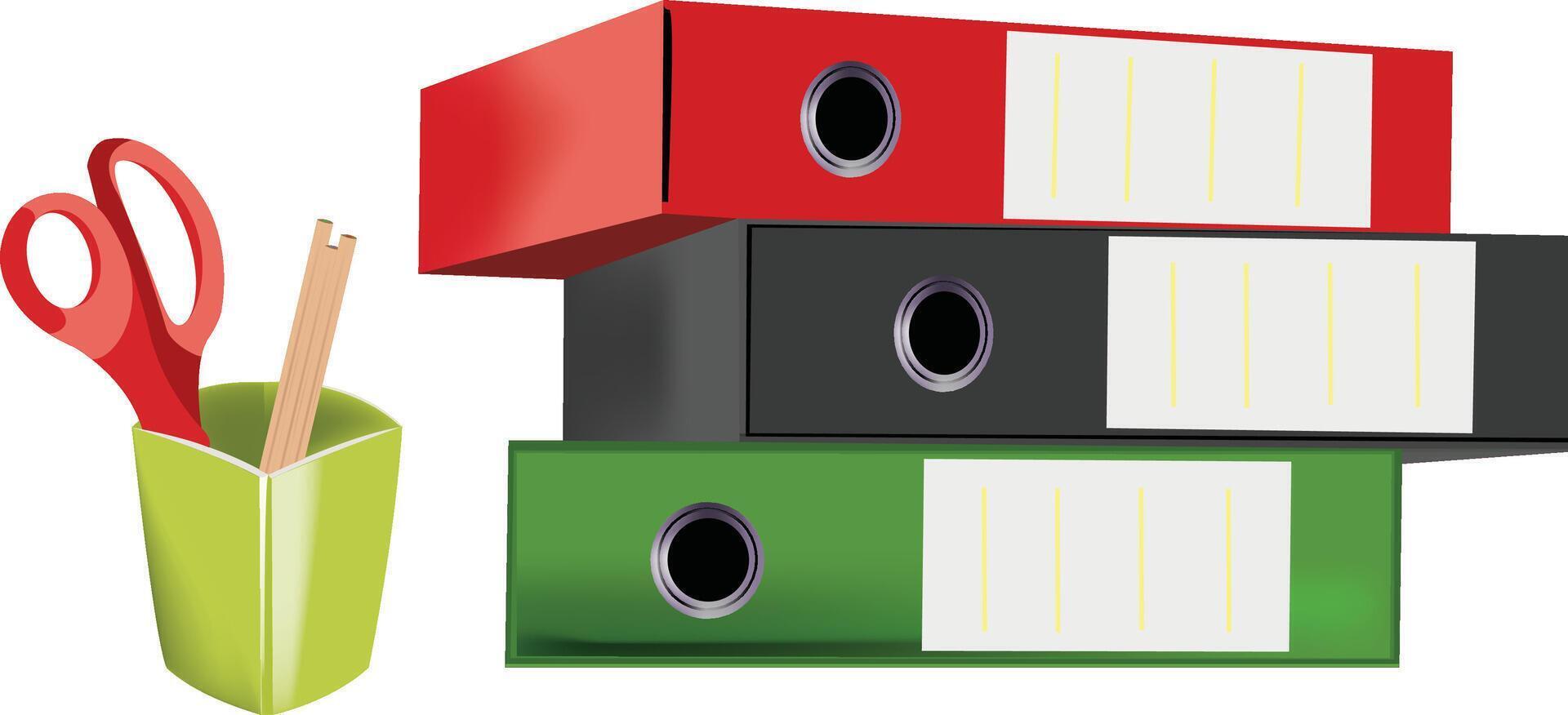 Office supplies showing filing and organization using binders and scissors vector