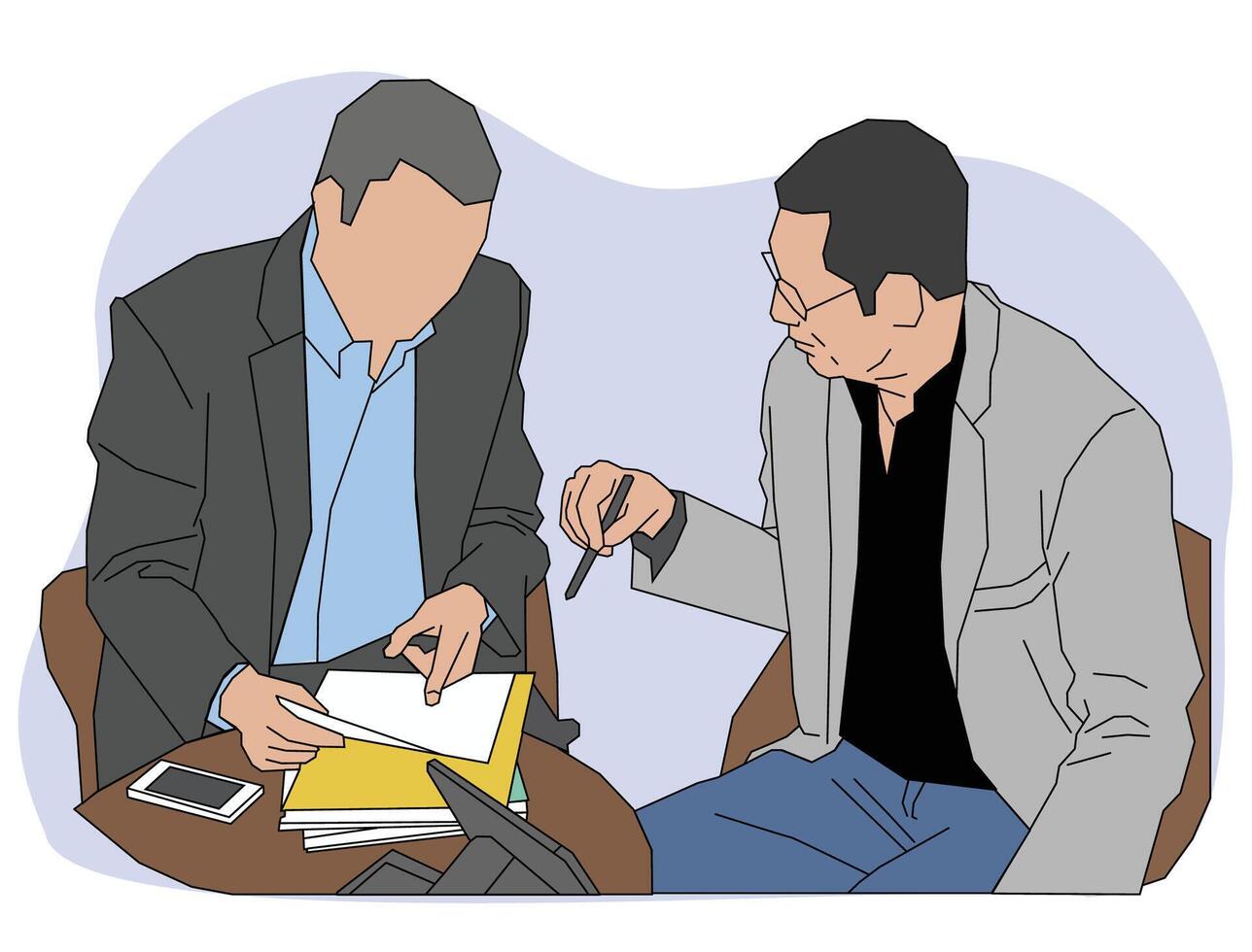 Flat-style illustration of two businessmen discussing documents and working together at a meeting table, ideal for concepts of teamwork, strategy, and professional collaboration. vector