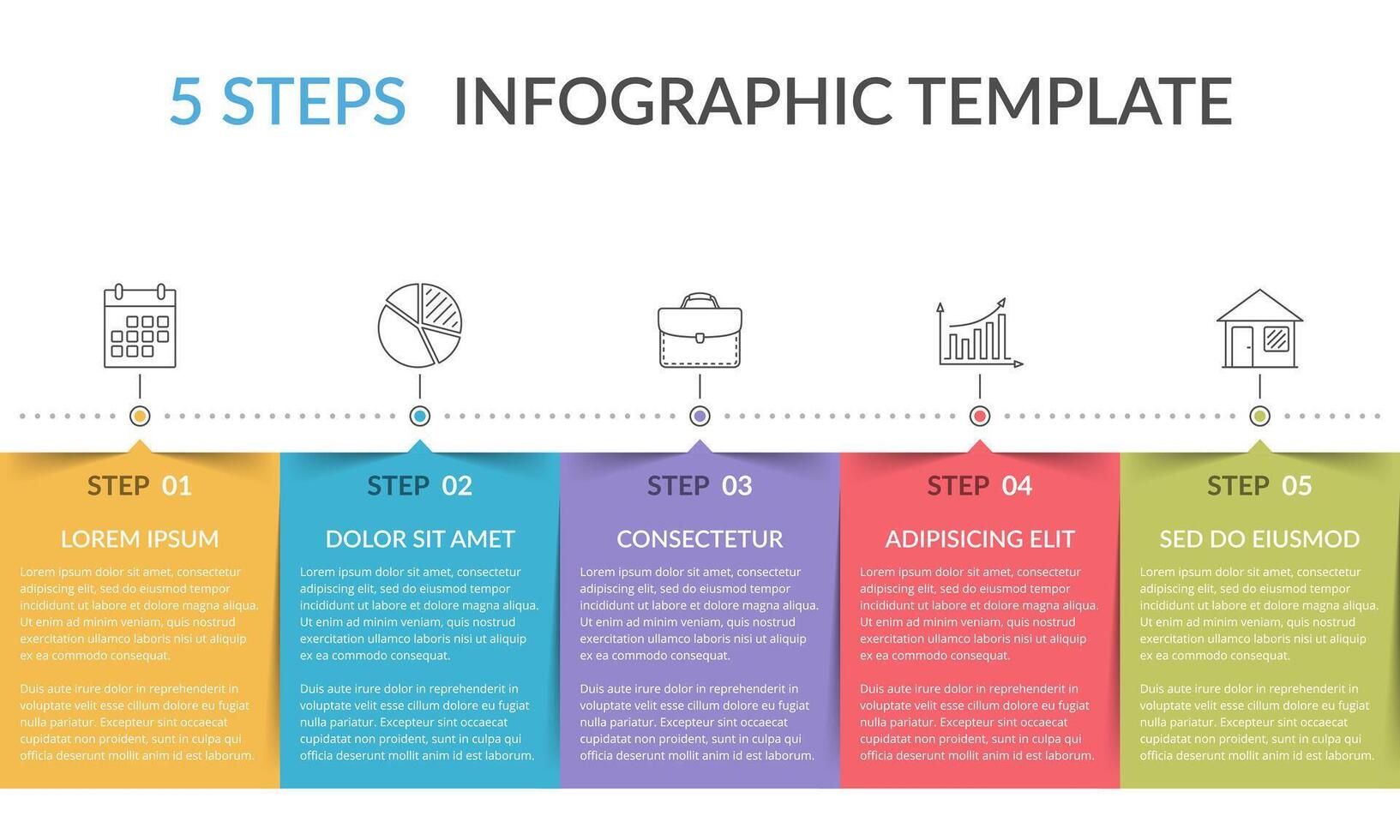 Five steps infographic template with colorful vertical text areas vector
