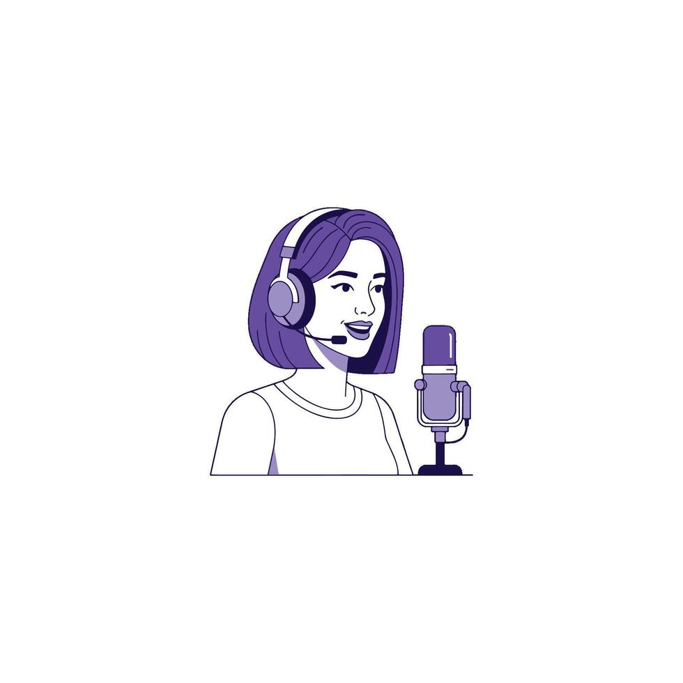 Girl Speaking into Microphone - Podcast, Interview, Conversation, Speech, Talking, Dialogue, Discussion vector