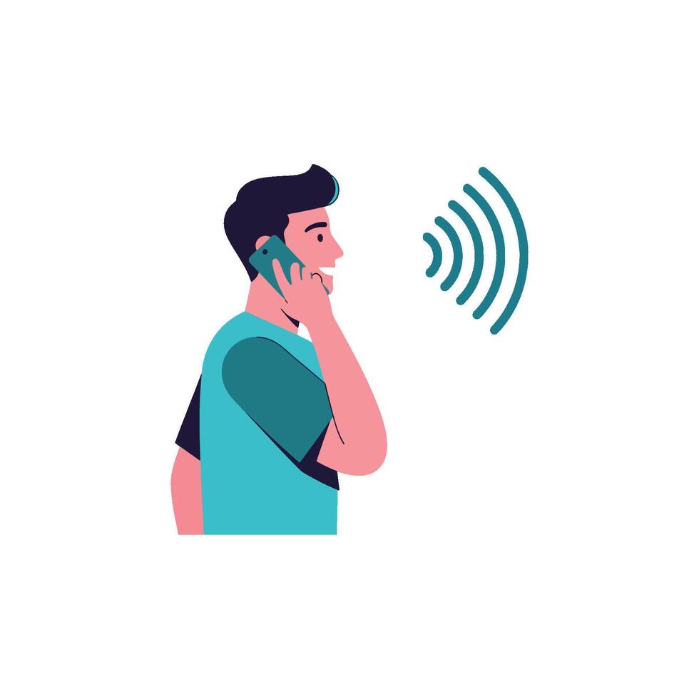 Flat illustration of a boy speaking on a mobile phone, engaging in verbal communication. A clear conversation and modern dialogue for effective messaging vector