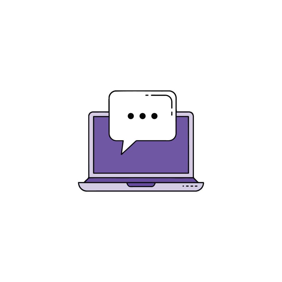 illustration of a laptop with a speech bubble, symbolizing online discussion and communication, perfect for presentations and web design, with concepts of speech therapy and brainstorming vector
