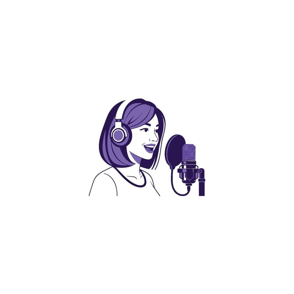 Illustration of a girl with headphones speaking into a microphone, symbolizing conversation, dialogue, and communication, with a focus on people and verbal interaction vector