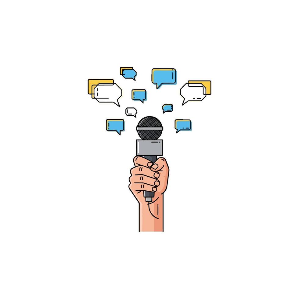 Professional communication and public speaking with a microphone, fostering dynamic discussion, announcement, and diverse collaboration in business meetings or team presentations vector