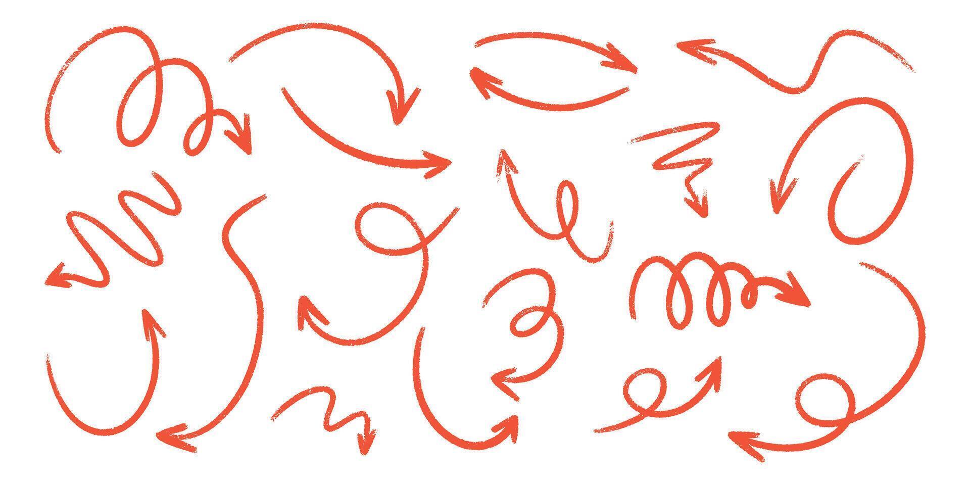 Crayon arrow set with hand drawn curved lines and directional pointers for navigation or workflow design. vector
