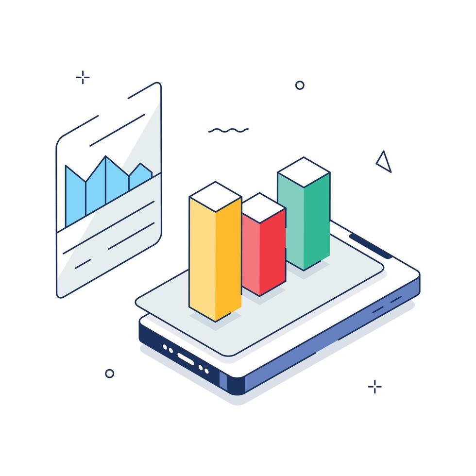 Mobile Data Analytics Isometric Illustration with Smartphone and Graphs vector