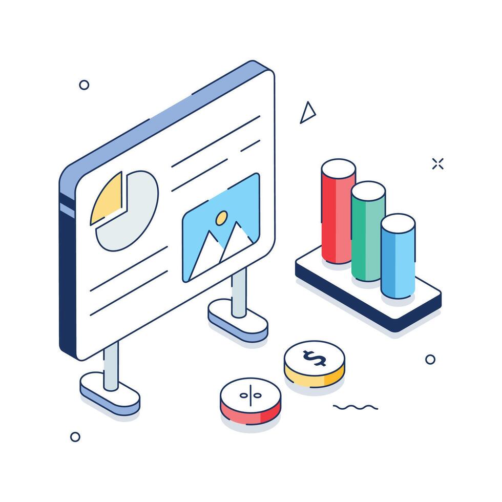 An isometric illustration showcasing a presentation board with various data visualizations vector