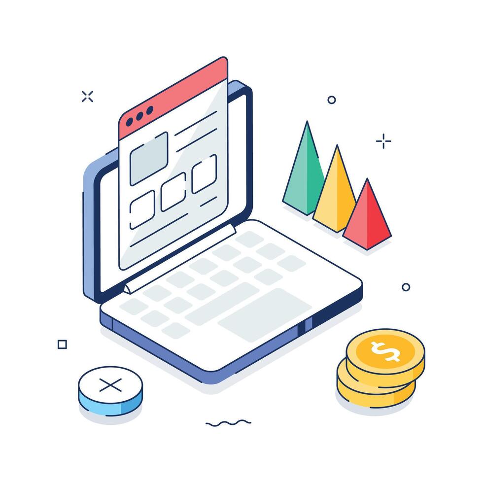 Business Data Analytics Isometric Illustration with Laptop and Graphs vector
