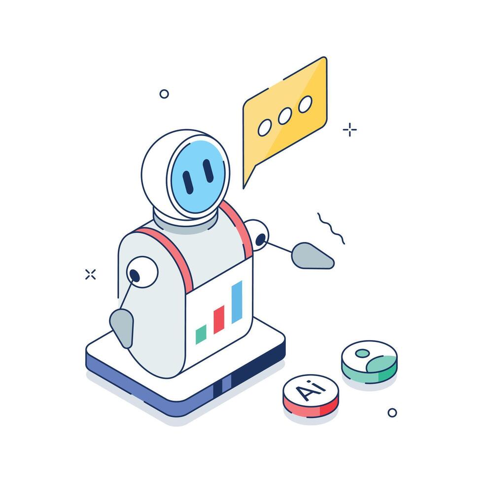 AI robot with data analytics and communication, artificial market isometric illustration vector