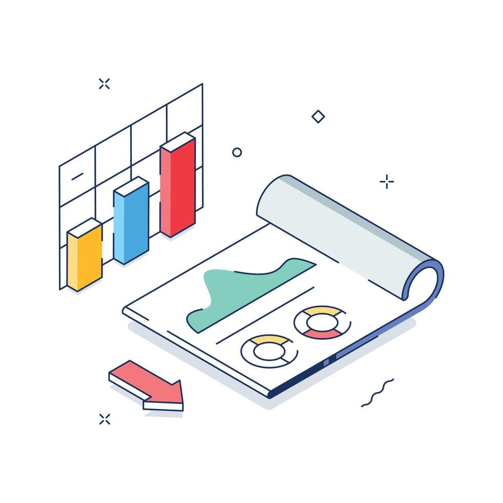 Business Analytics Isometric Illustration with Documents and Bar Graphs vector