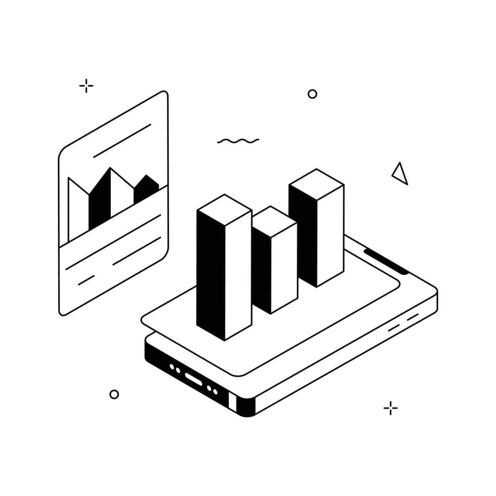 Mobile Data Analytics Isometric Illustration with Smartphone and Graphs. vector
