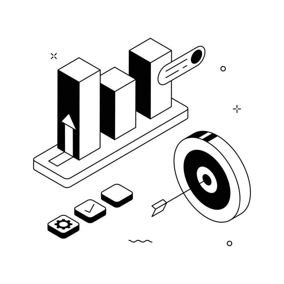 Data analytics strategy isometric illustration highlighting insights, tracking, and business goals. vector