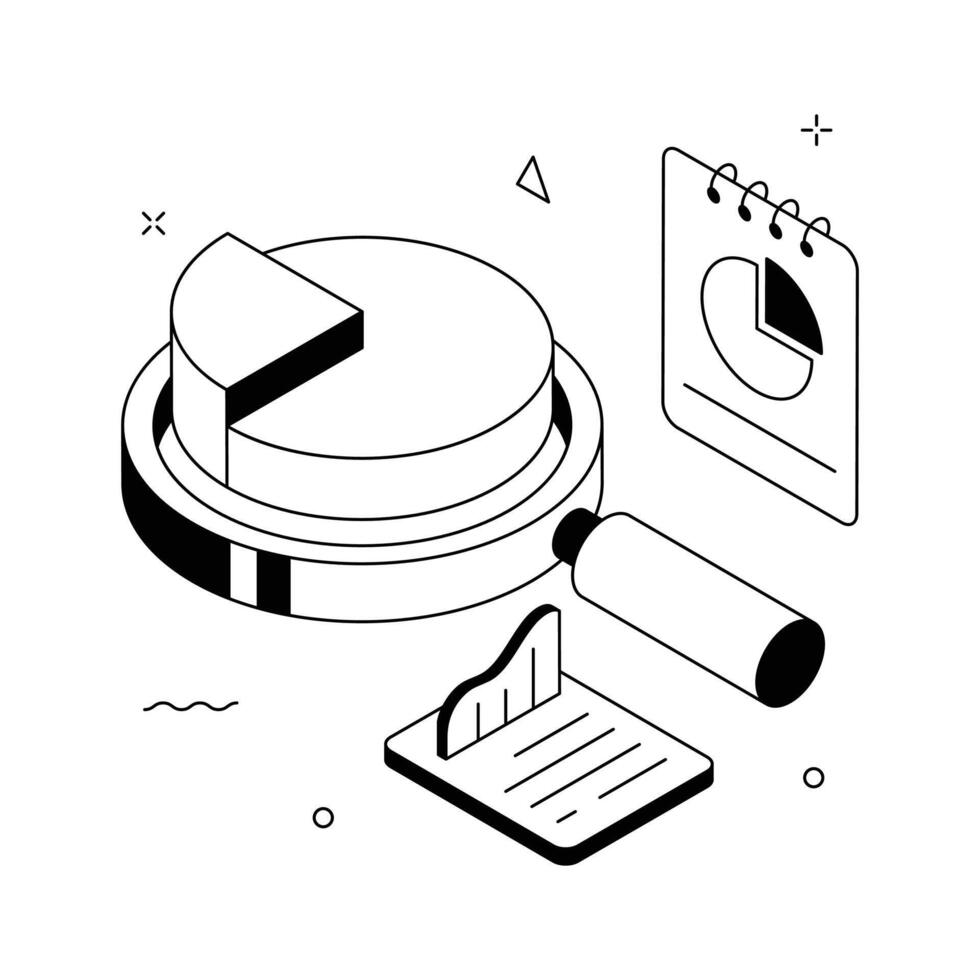 An isometric illustration of a magnifying glass focusing on a layered pie chart.. vector
