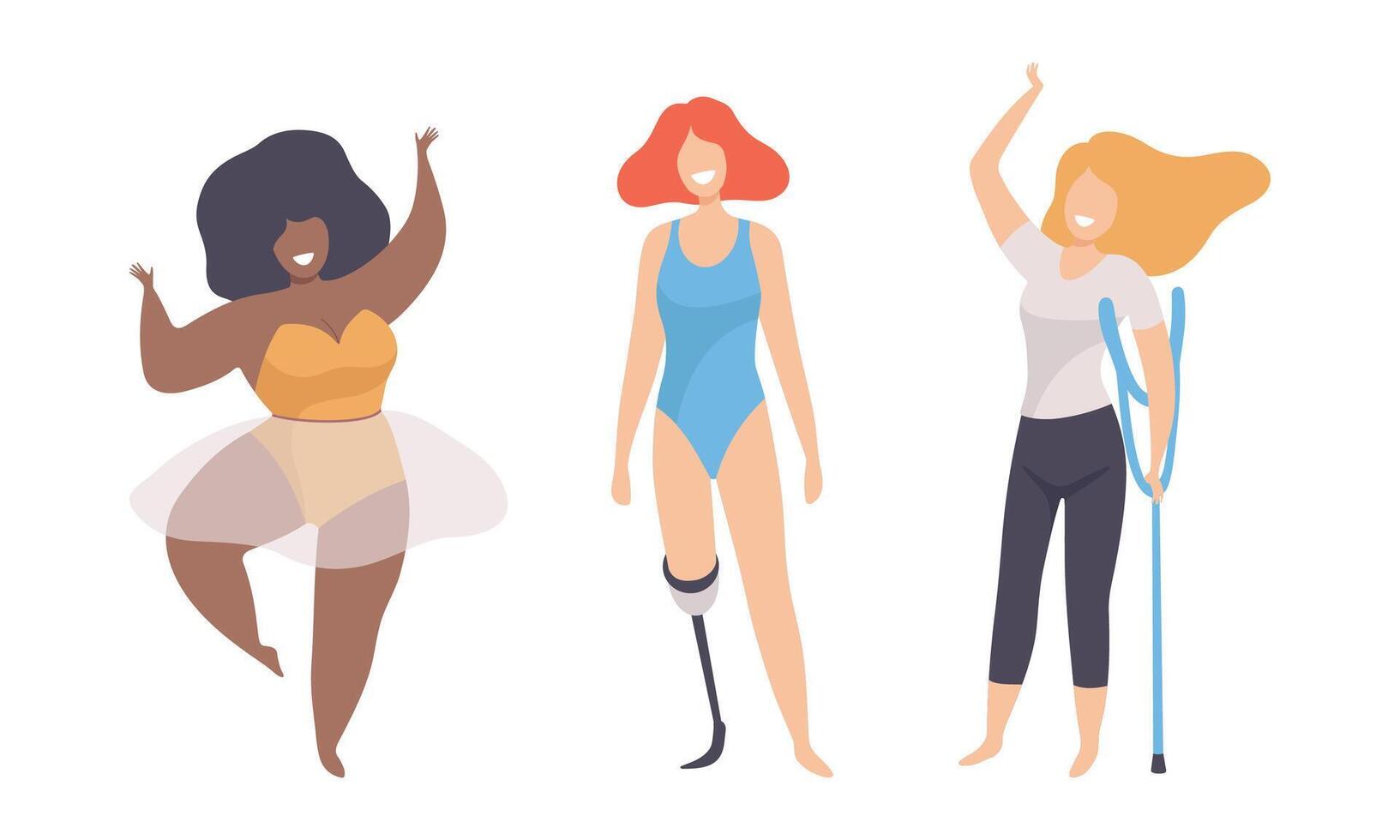 Female with Crutch and Artificial Limb Having Different Figure Type and Height as Body Positive and Self Acceptance Set vector