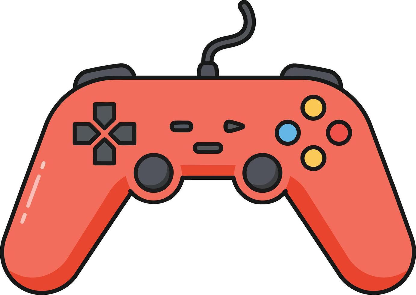 Red wired game controller with buttons and joystick. vector