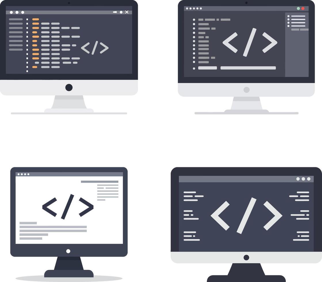 illustration set of computer monitors with programming code. vector