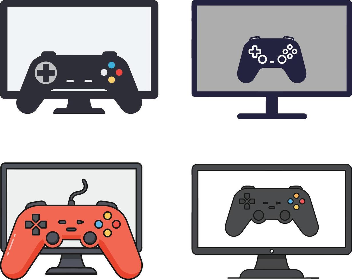 Four computer monitors with game controllers representing various gaming setups and technology. vector