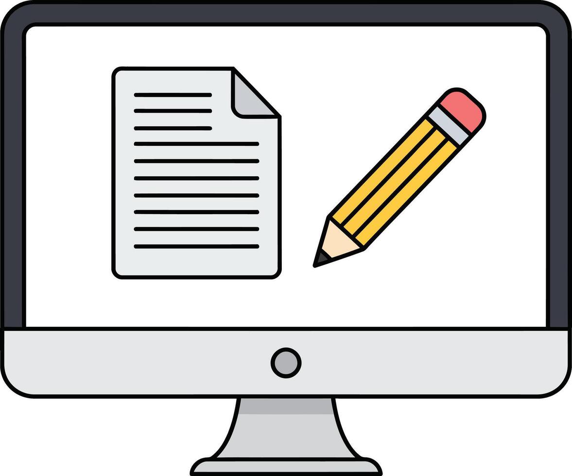 Computer Screen with Document and Pencil. vector