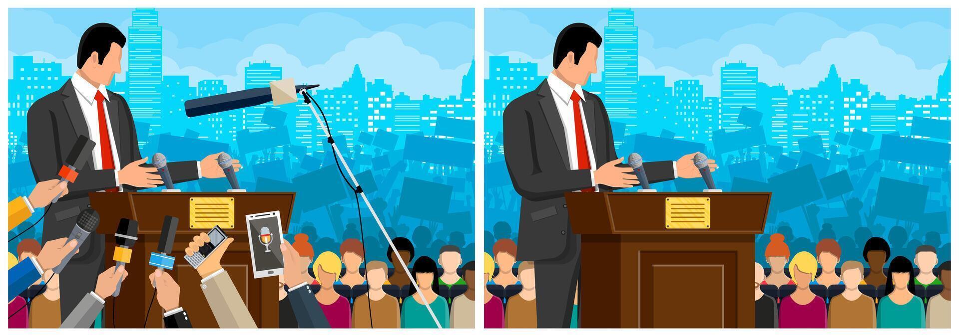 Man speaking at podium with microphones vector