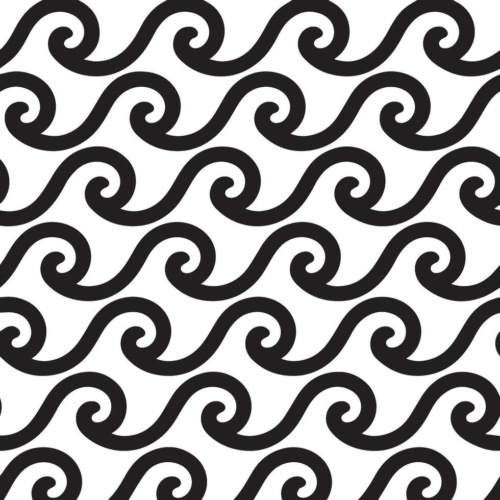 Abstract black and white repeating wave pattern with swirling scroll motifs vector
