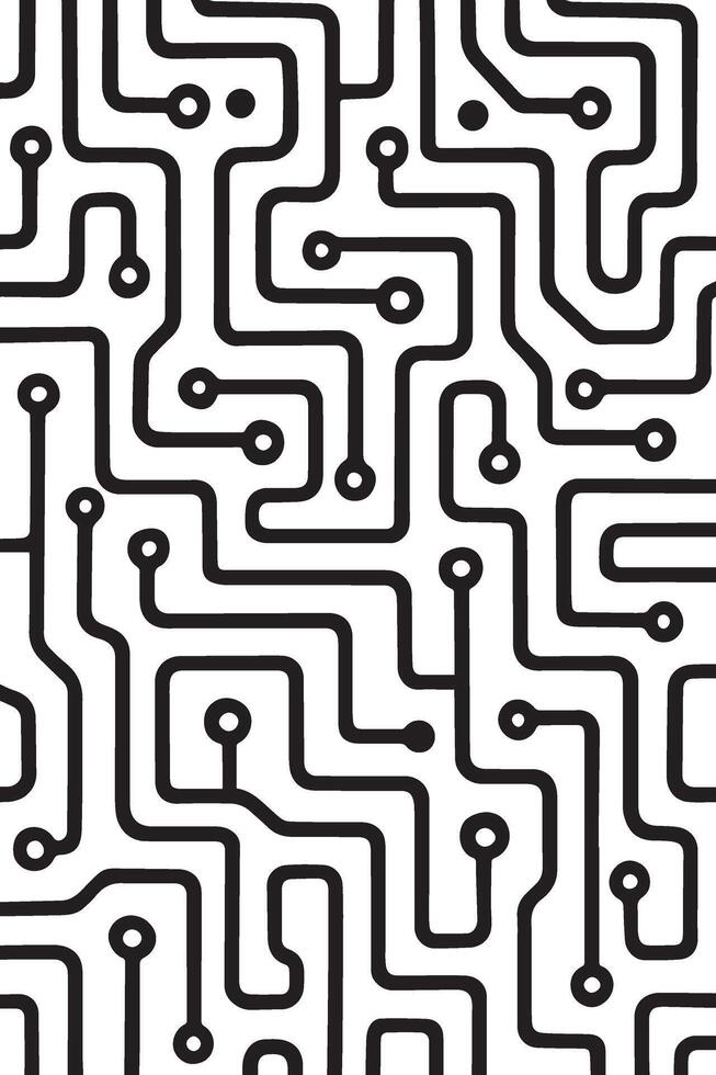 Intricate black and white circuit board pattern with numerous interconnected lines and nodes vector