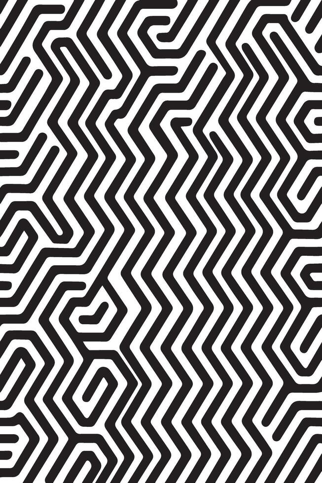 Intricate black and white geometric maze pattern with sharp angles and repeating zigzag lines creating optical illusion vector