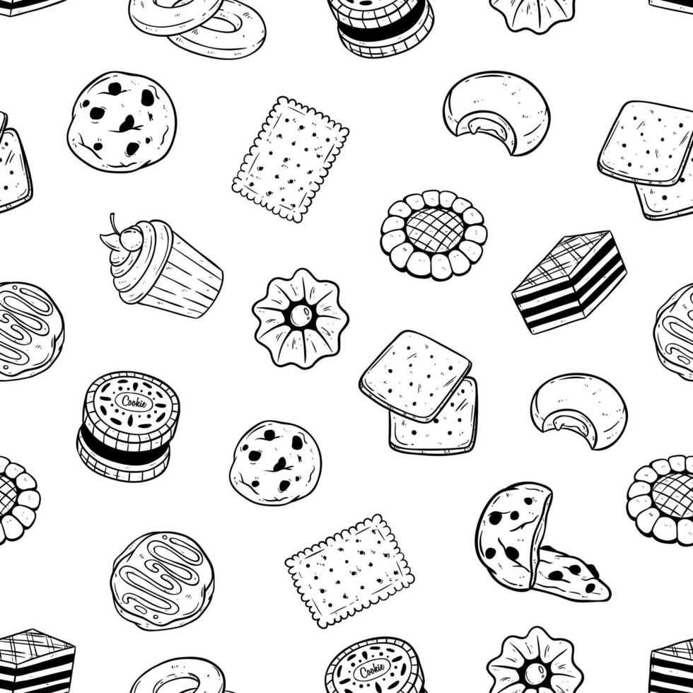 A black and white pattern with cookies and cakes vector