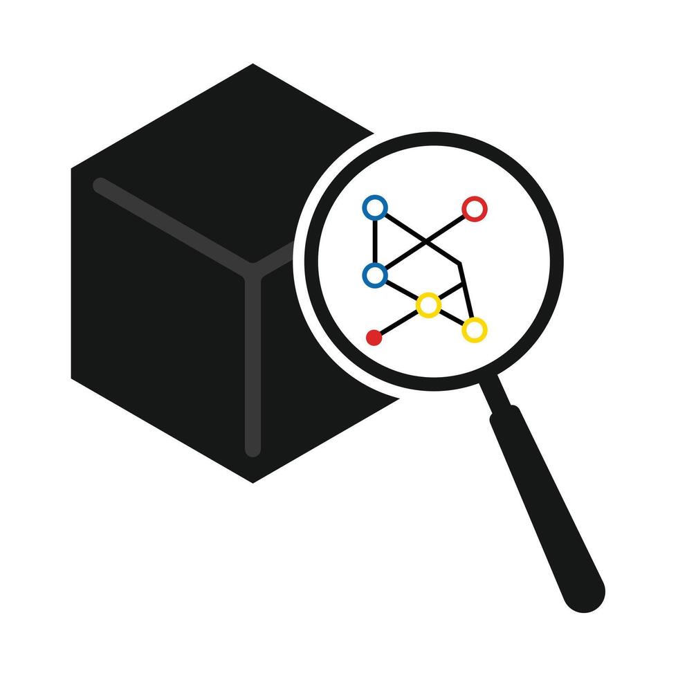 Transparent AI Cube with Magnifying Glass Revealing Neural Network Inside vector