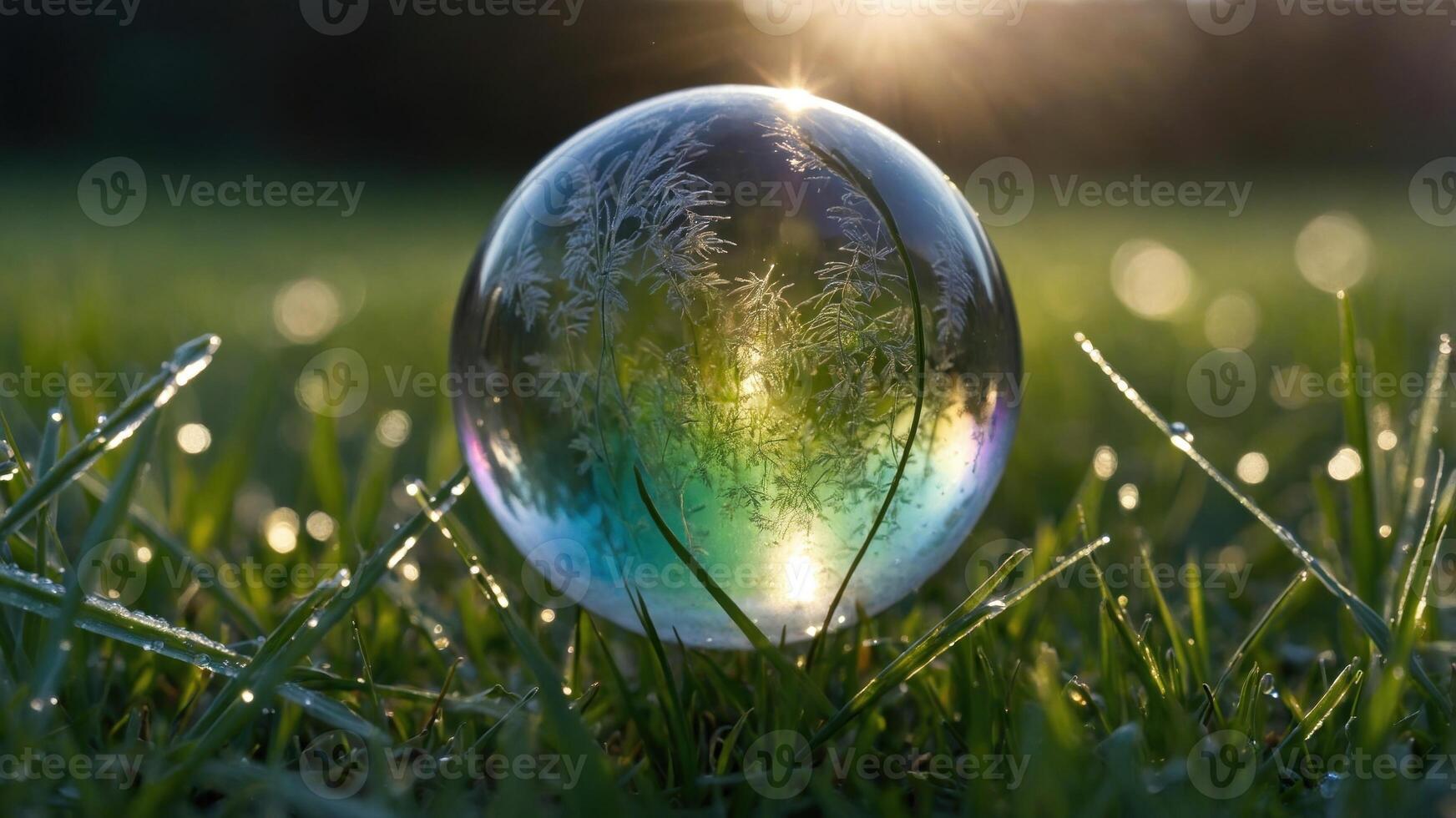 A close-up view of a soap bubble resting on grass, reflecting sunlight and intricate frost patterns photo