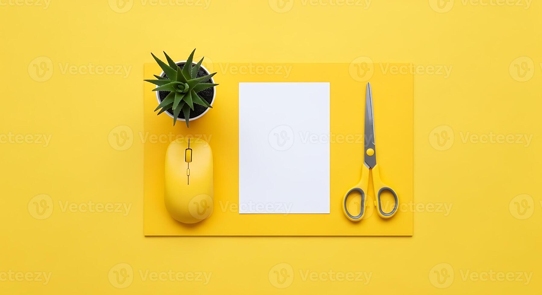 Yellow Workspace Flat Lay with Computer Mouse Succulent Scissors and Blank Paper Sheet for Creative Projects photo