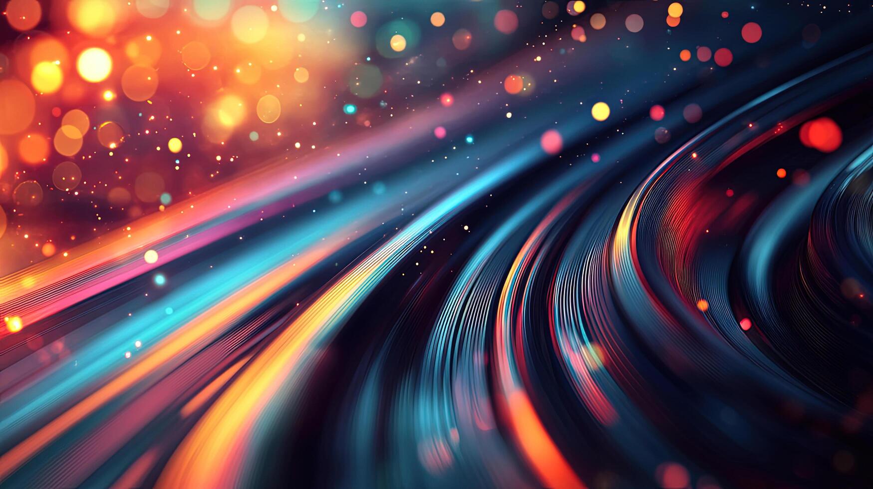 Luminous lines of orange and teal converge amidst a bokeh effect creating dynamic movement photo